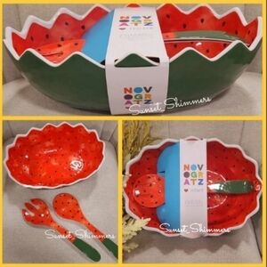 3pc Set Melamine Watermelon Fruit Salad Bowl & Serving Spoons Picnic Beach BBQ